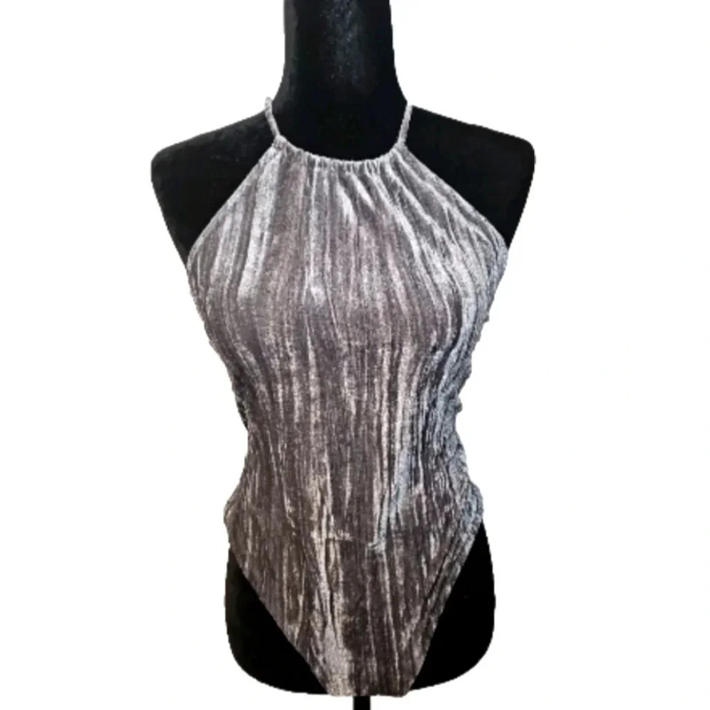 Out From Under Urban Outfitters Womens Gray Velvet Halter Party Bodysuit L - Picture 2 of 14